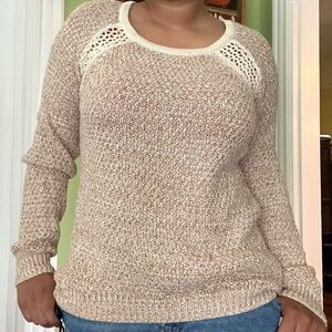 Oatmeal and cream fishnet knit top